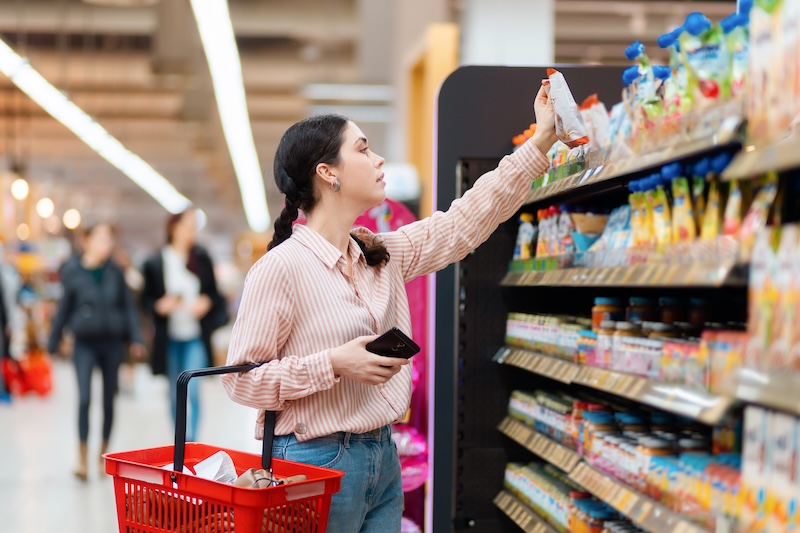 Modern supermarket aisle with shoppers browsing colorful packaged products
