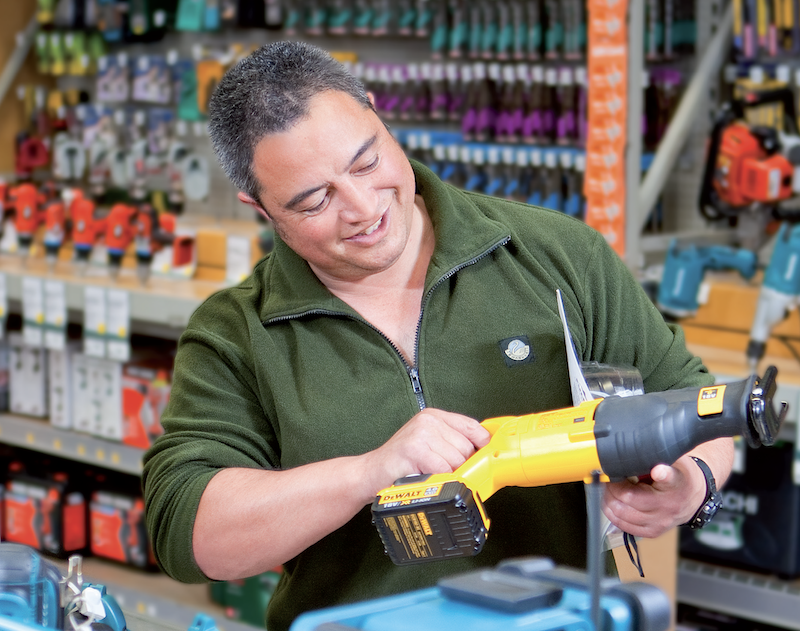 Illustration of hardware store shelves stocked with tools and building supplies