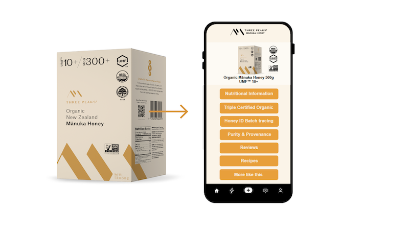 The Mānuka Collective product packaging with QR code powered by GS1 and Digital Link, showing phone scanning the code